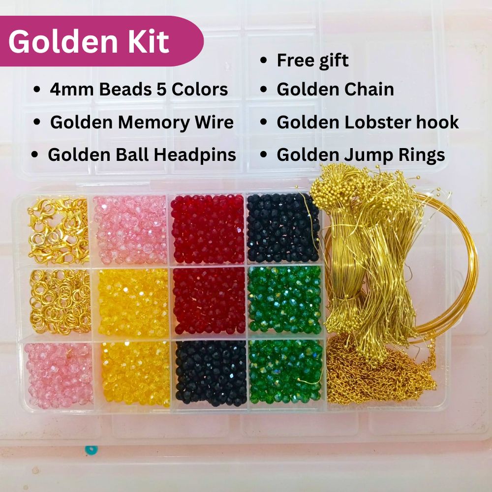 Complete DIY Bracelet Gajra & Jewellery Making Kit for Girls 4mm Crystal Beads + Memory Wire + Golden Beading Wire + Jump Rings & Lobster Clasps Bracelet Gajra & Jewellery Accessories Set With Big Box By Flex Cart