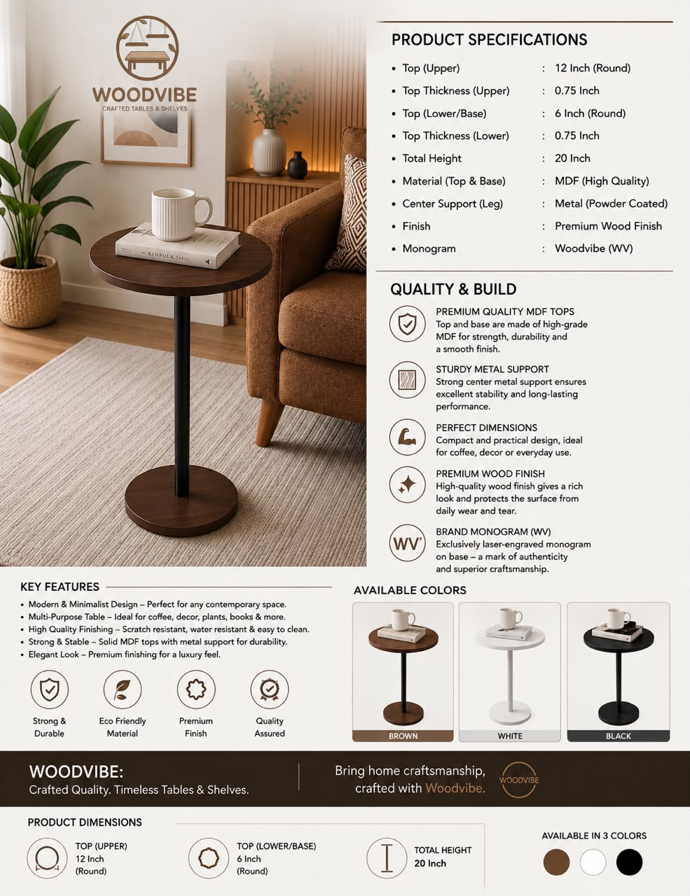 Modern Round Side Table | Premium Wooden Coffee & Decoration Table | Corner, Bedroom & Birthday Table | MDF Top | Brown White Black