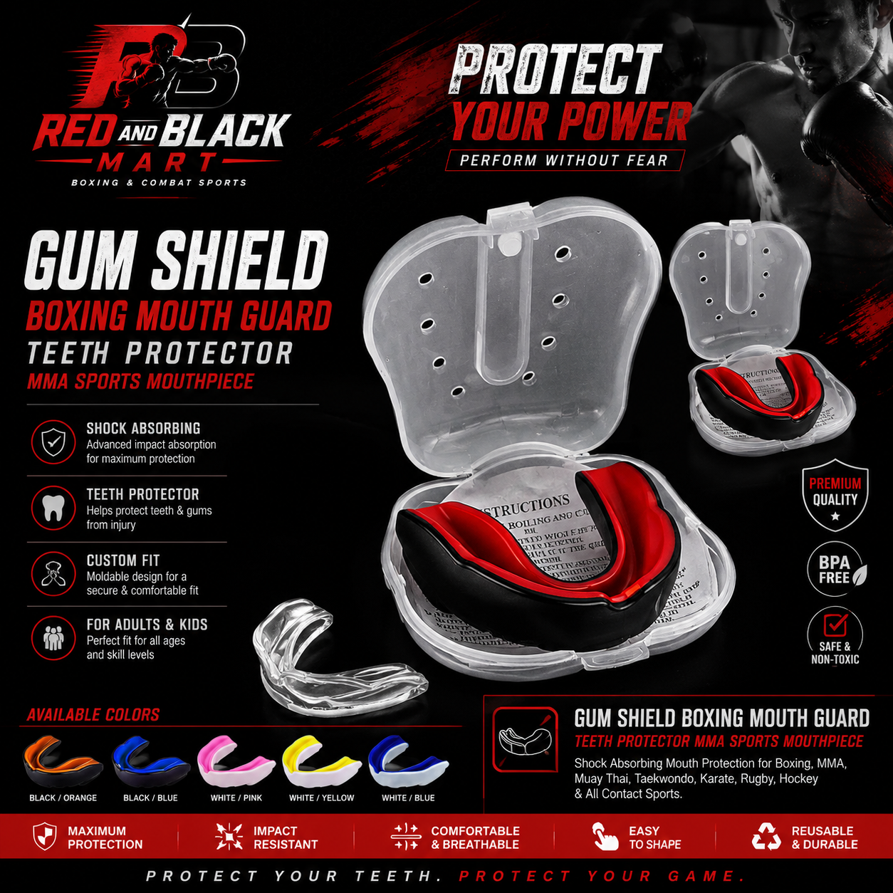 Gum Shield Boxing Mouth Guard Teeth Protector MMA Sports Mouthpiece, Shock Absorbing Mouth Protection, Custom Fit For Adults & Kids