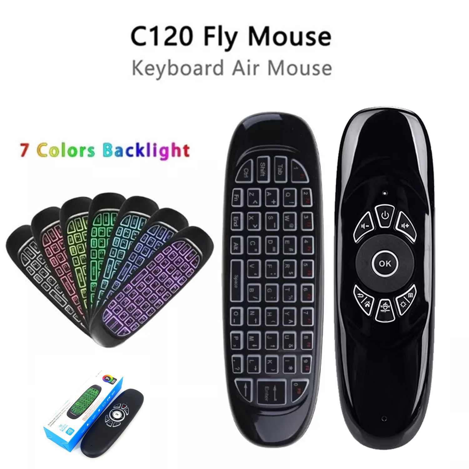 C120 Airmouse Remote with Voice & RGB Lights - Rechargeable Airmouse - C120 Airmouse for LCD - C120 AirMouse for Android Box - Remote Control for Android LED, Smart Tv,  Smart Boxes, PC, Laptops - C120 Remote Control - Airmouse with Keyboard - C120 Remote