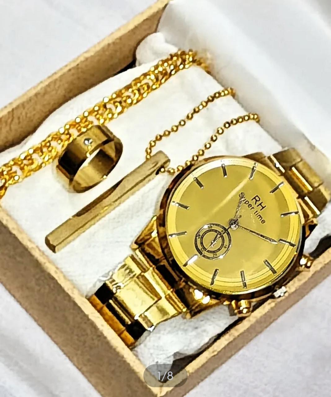 4PCS/MENS WEDDING WATCH DEAL TOP FASHION GOLEN HIGH QUAILITY CASUAL WATCH +CUBAN LOINK CHAIN BRACLET +LOCKET+RING FOR MEN /BOYS