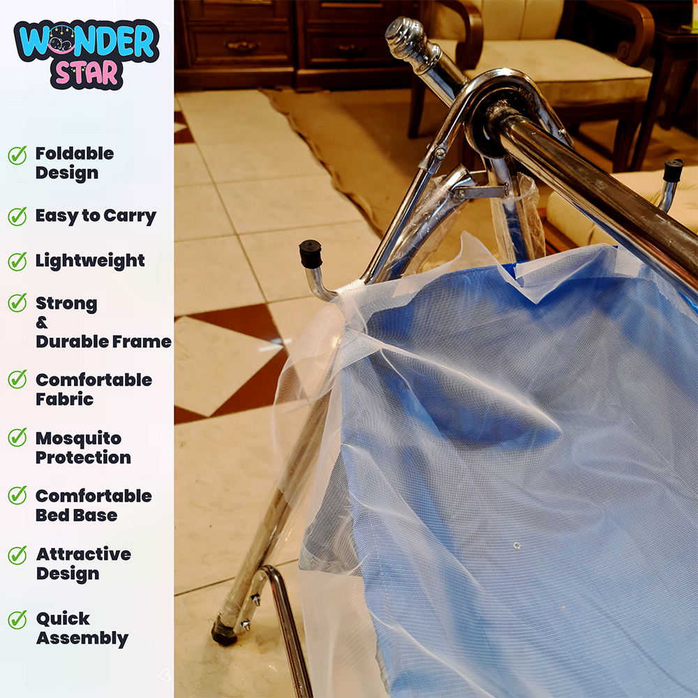 Wonder Star Premium Foldable Baby Cradle Jhoola  Chulungi Style with Mosquito Net  Portable Baby Cot  Chrome Coated Frame  Model 099