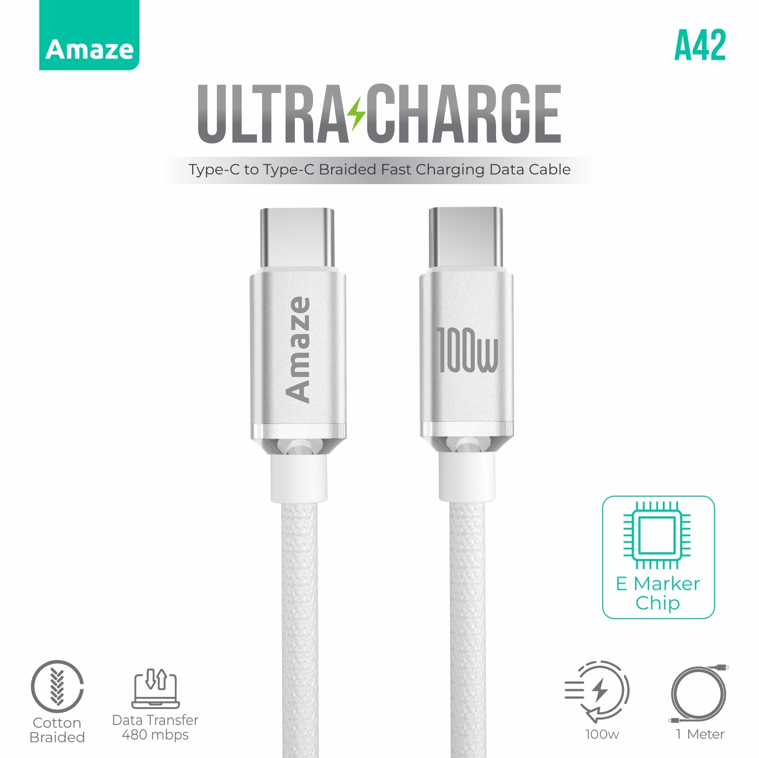 Amaze Ultra Charge 100w Type C to Type C Braided Cable 1m A42 Super-Fast Cable 13 b8ecde6fc384d9b0381f5725711fc729