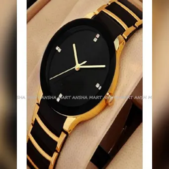 Golden chain watch with black dial Clearance