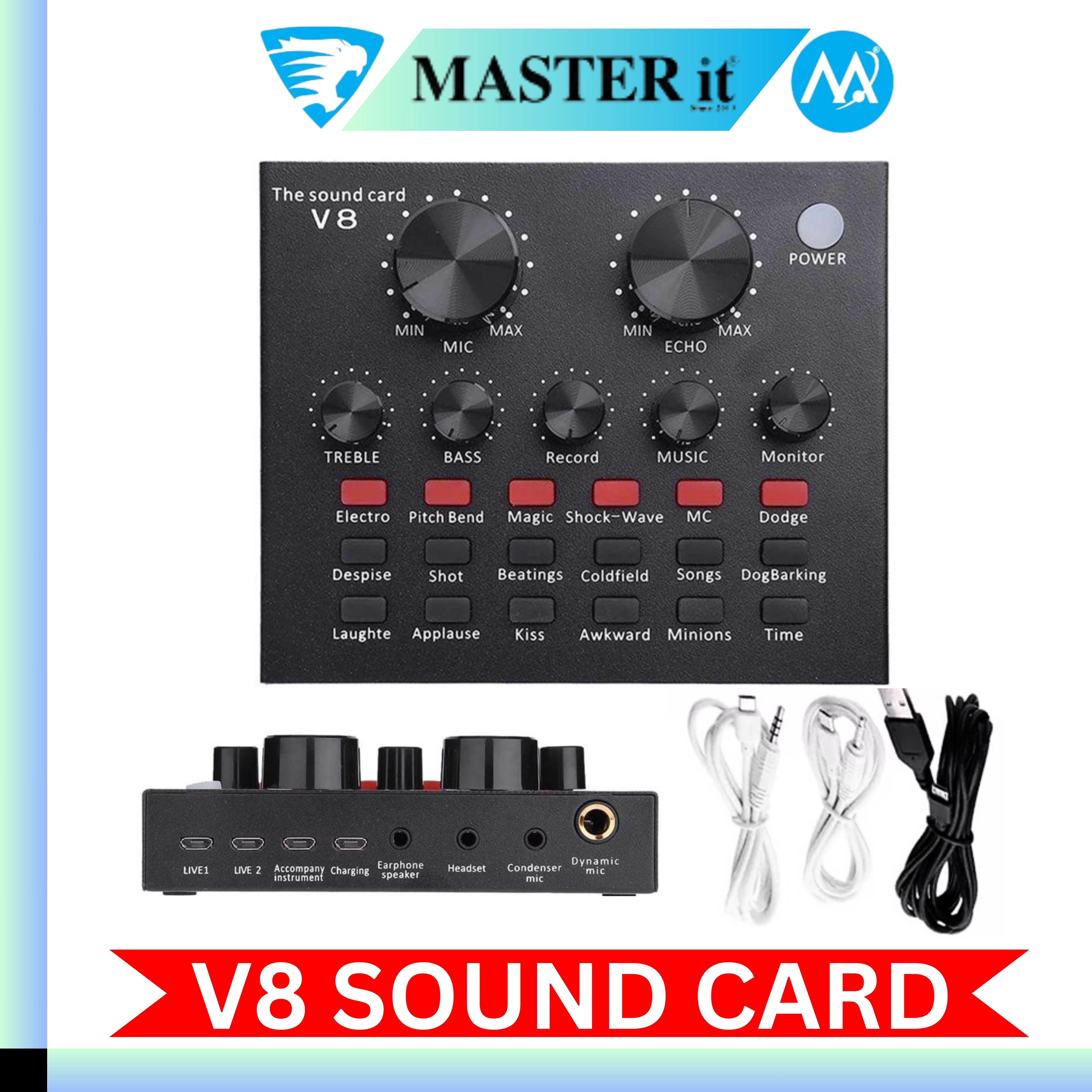Mini V8 Sound Card & V10 Sound Card Bluetooth Audio Mixer & Voice Changer - 12 Sound Effects Lithium Rechargeable Battery - For Live Streaming & Broadcasting & Podcast - Compatible With PC Computer  - Black