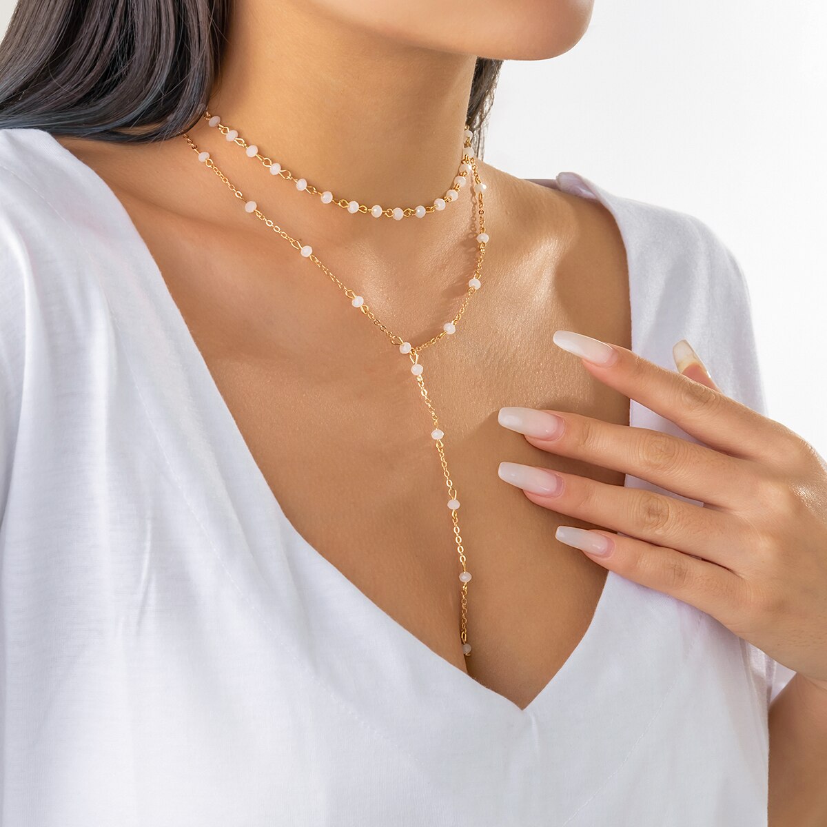 gold layered beaded necklace for women long chain pearl style drop dainty minimalist fashion jewelry gift for her | girls ladies party wear elegant boho chic trending statement necklace stylish everyday accessory for women & girls