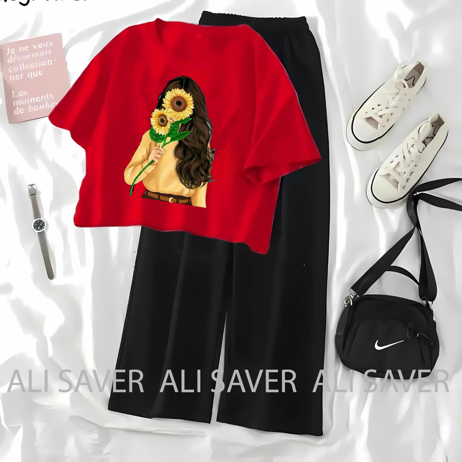 ALISAVER-Crop Top Casual Suit For Women and Girls High Quality Tshirt and Black Flapper