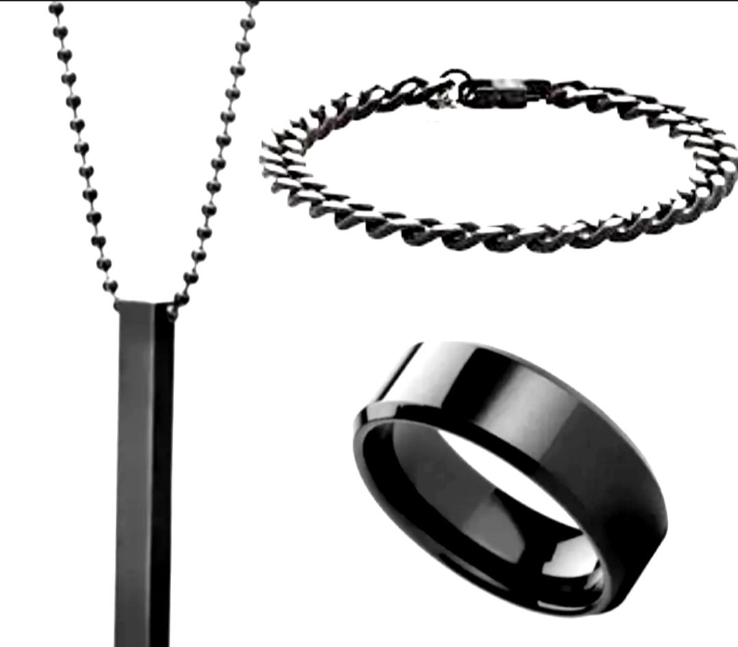 PACK OF 6 MEGA DEAL FASHION STAINLESS STEEL | BLACK 3D-BAR STICK LOCKET + TITANIUM RING + CUBAN LINK CHAIN BRACELET FOR BOYS AND GIRLS | TRENDY JEWELRY SET FOR MEN AND WOMEN