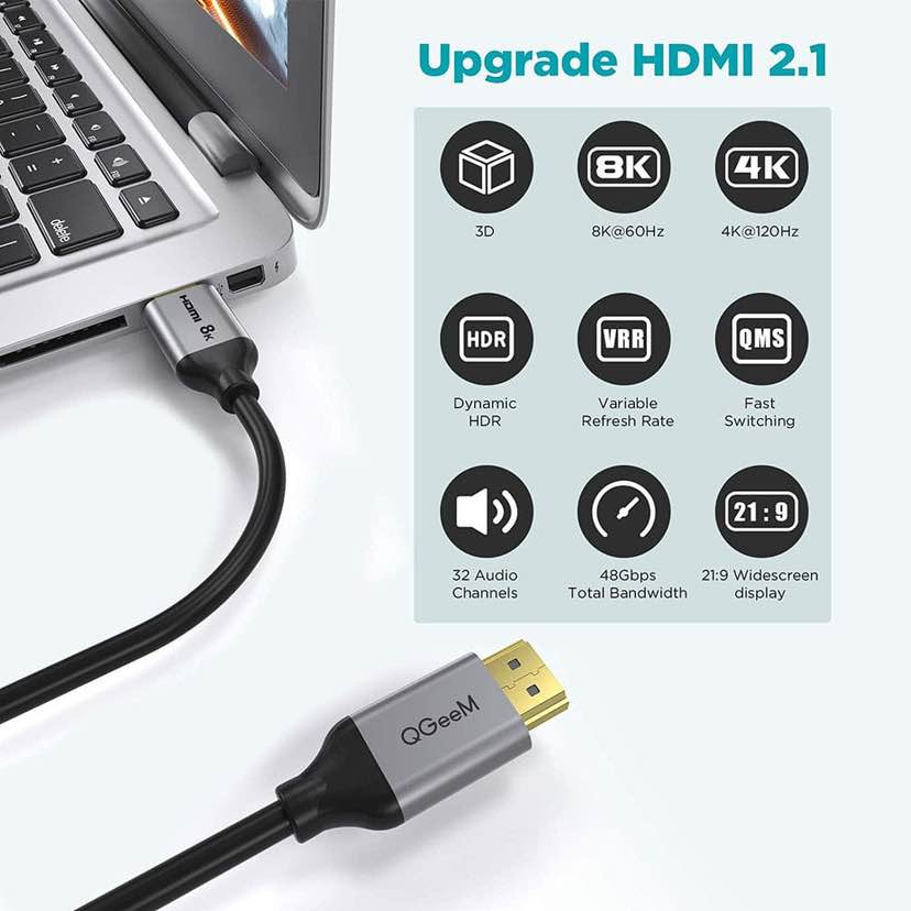 8k HDMI Cable QGEEM HDMI 2.1 8K@60HZ@4K@120HZ, 48GBPS HIGH-SPEED HDMI CORD,COMPATIBLE FOR PC HDTV PROJECTOR LARGE DISPLAY, MALE-TO-MALE 8k ultra HD Cable 6 ,10FT length