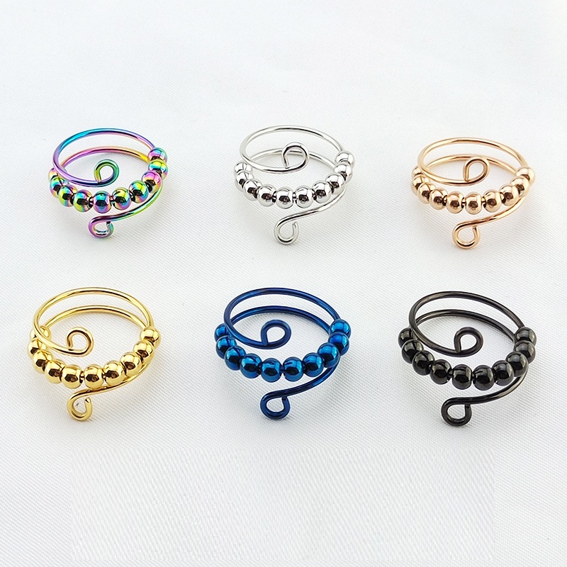Steel Bead Rings 10 Beads Good Luck Stress Relief Ring Stainless steel Double Layer ...