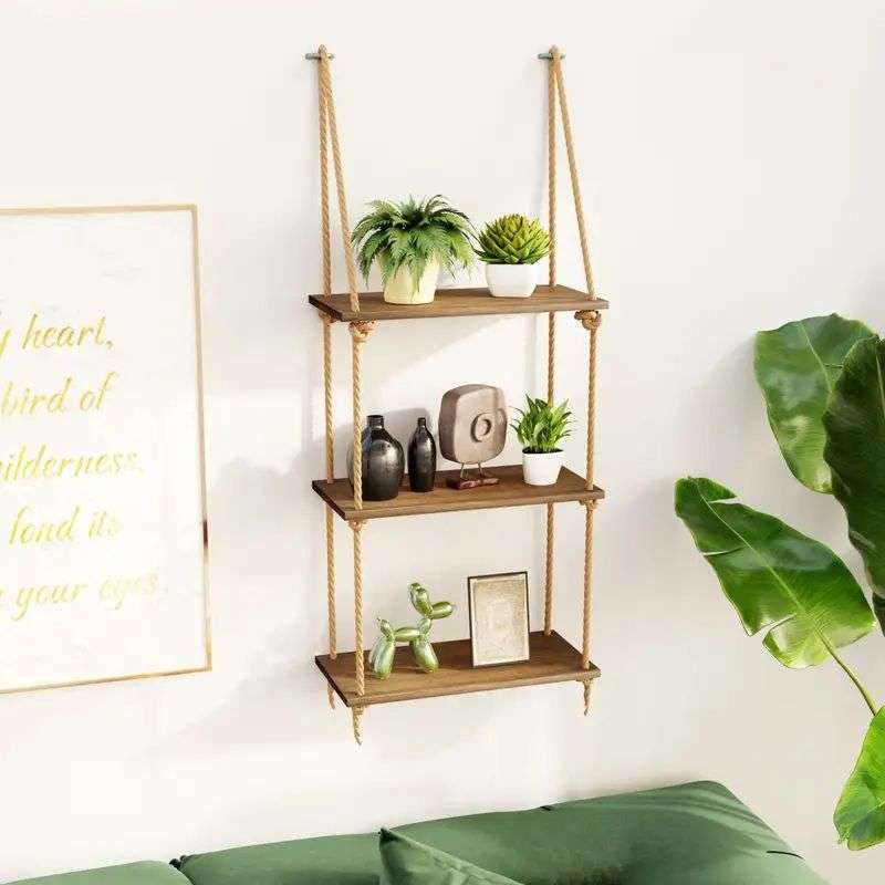 Wall Hanging shelf original wood 1 2 3 & 4 Tier Rope Hanging Shelf Wall Hanging Shelf, , Decorative piece