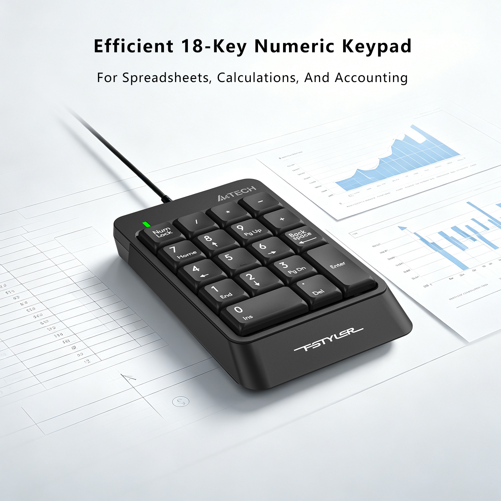 A4Tech FK13P FSTYLER Numeric Keypad - Sleek & Slim - Wired USB - Splash Resistant - Number pad for PC/Laptop - Black