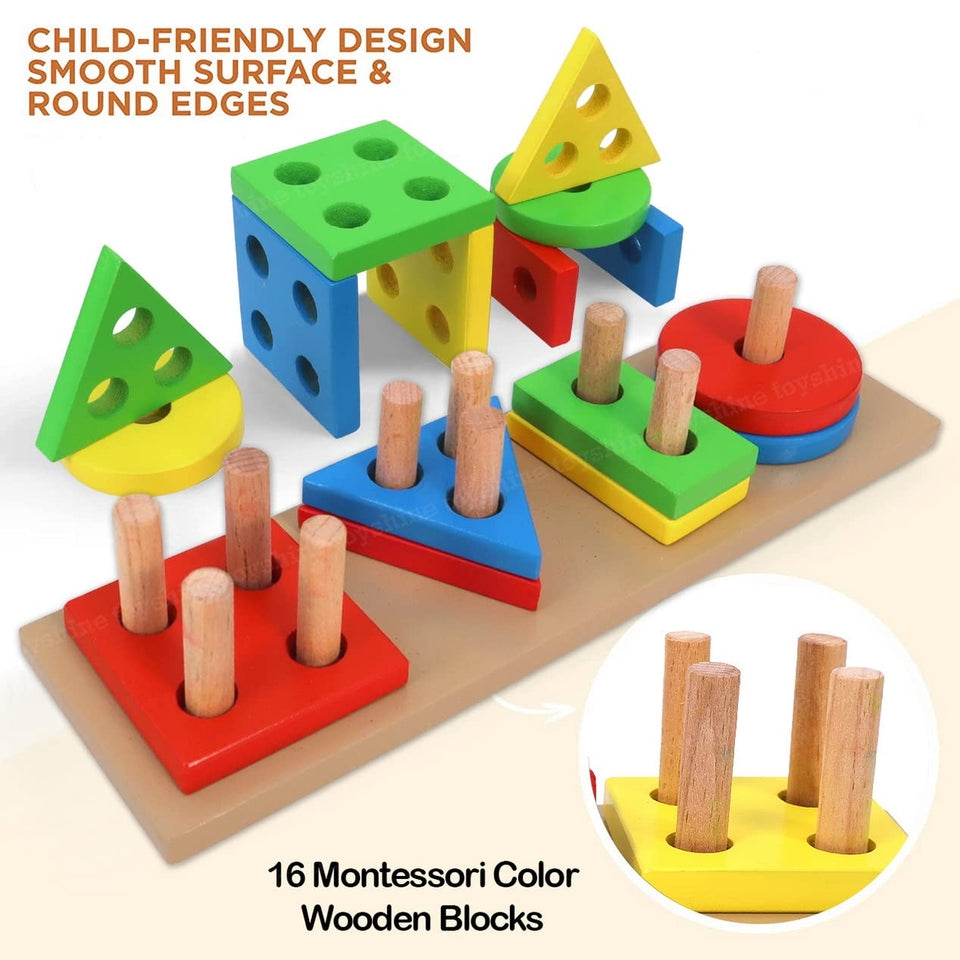 Wooden Geometric Shape Sorter Puzzle for Kids – Preschool Educational Stacking Blocks Toy | Colorful Shape Matching & Cognitive Learning Game for Toddlers | Montessori Sorting Board