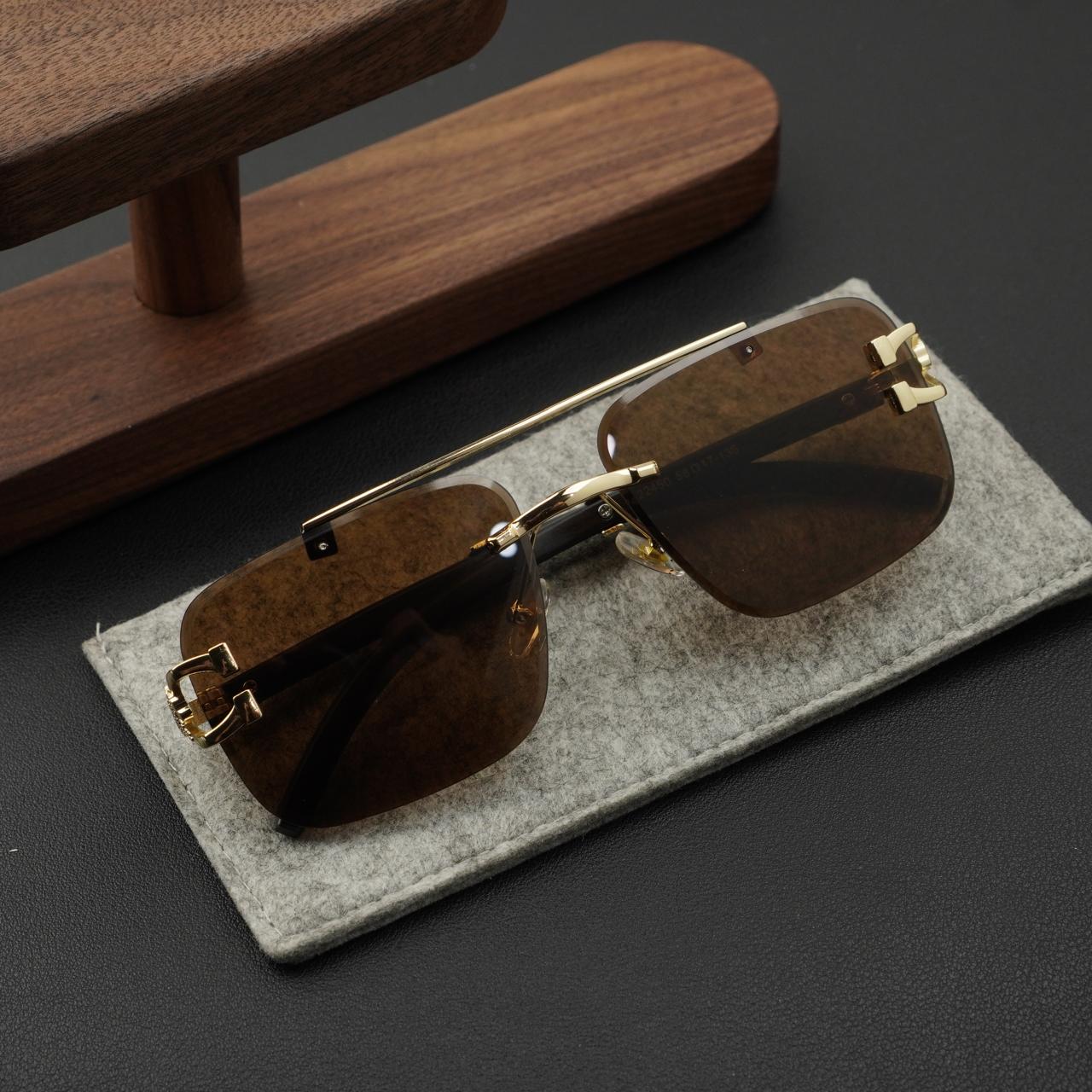 Modern Rimless Sunglasses for Men – Premium Gold Metal Detailing, Brown Lens | With Pouch & Hard Case Box