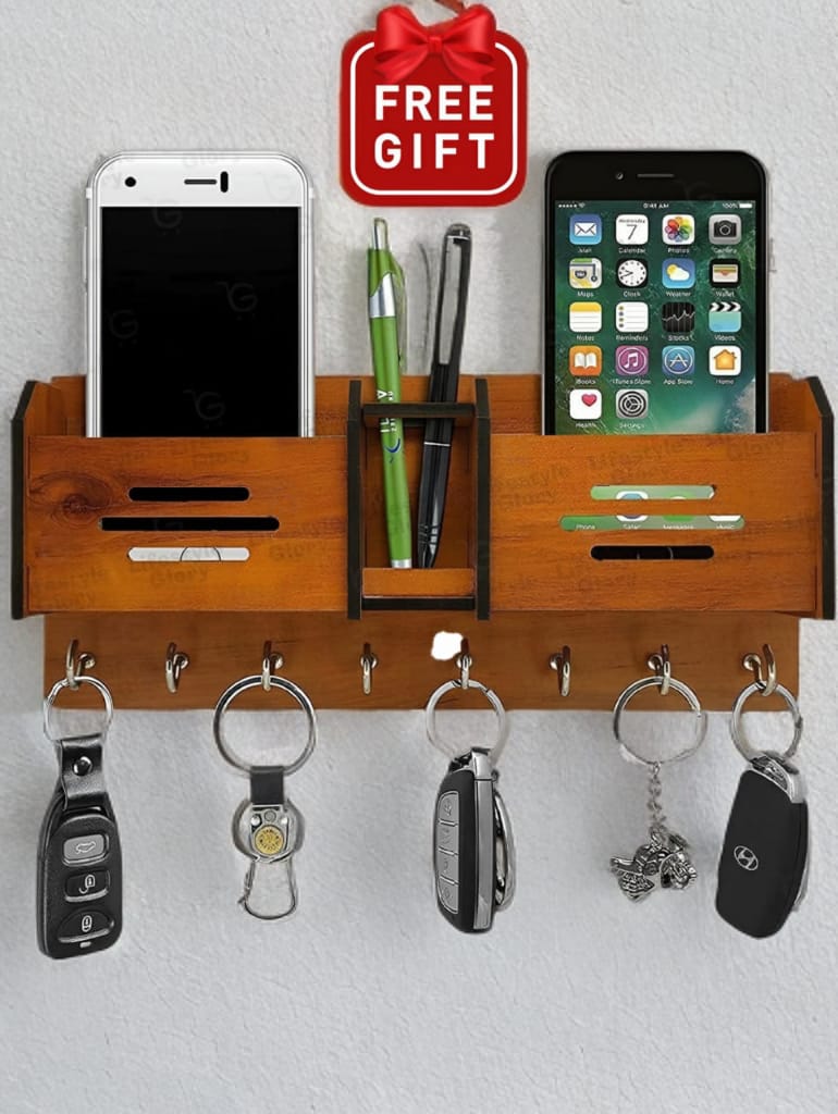 Multipurpose Wooden Wall Hanger | Mobile Charging Stand | Keys Hanging Hooks | Wall Hanging Stand For Keys | Key Hanger on Wall | Wall Mounted Key Holder I Decorating Items I Decorating Items For Home I Decoration