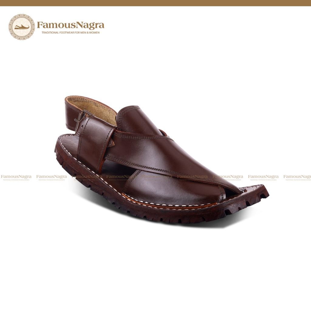 Peshawari Chappal / Sandal - Gents - Genuine Leather - Brown - Soft Insole - Thick Tyre Sole - Art 204