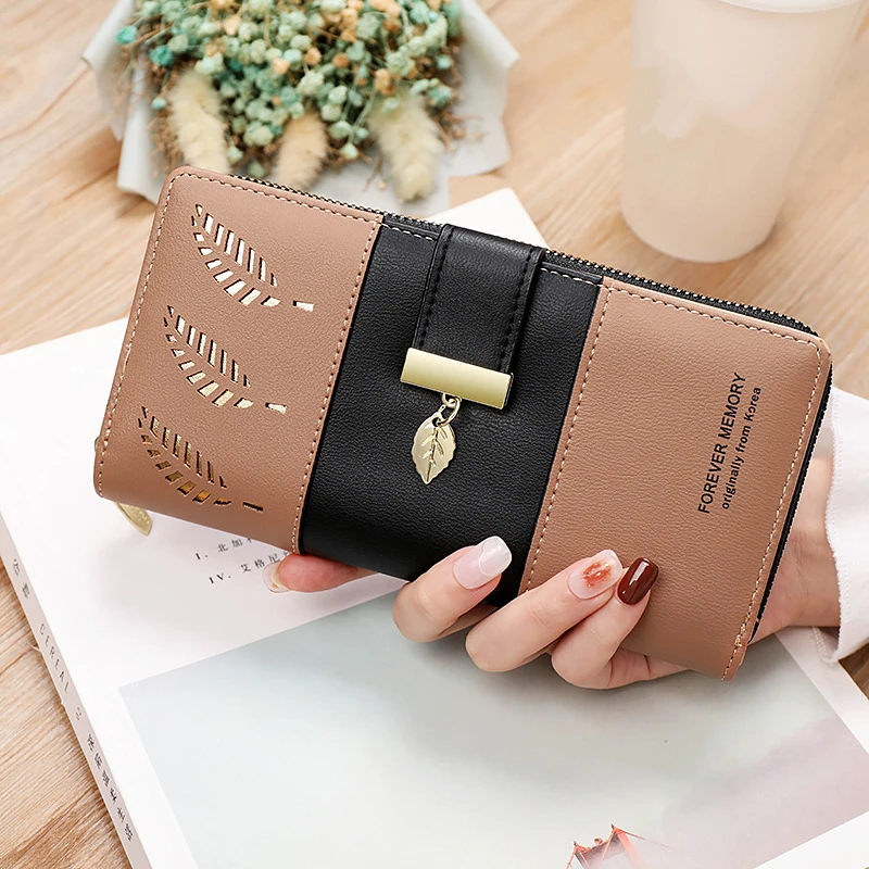 Hollow Leaves PU Leather Women's Long Wallet Fashion Female Coin Purses Hasp Zipper Hand Clutch for Women