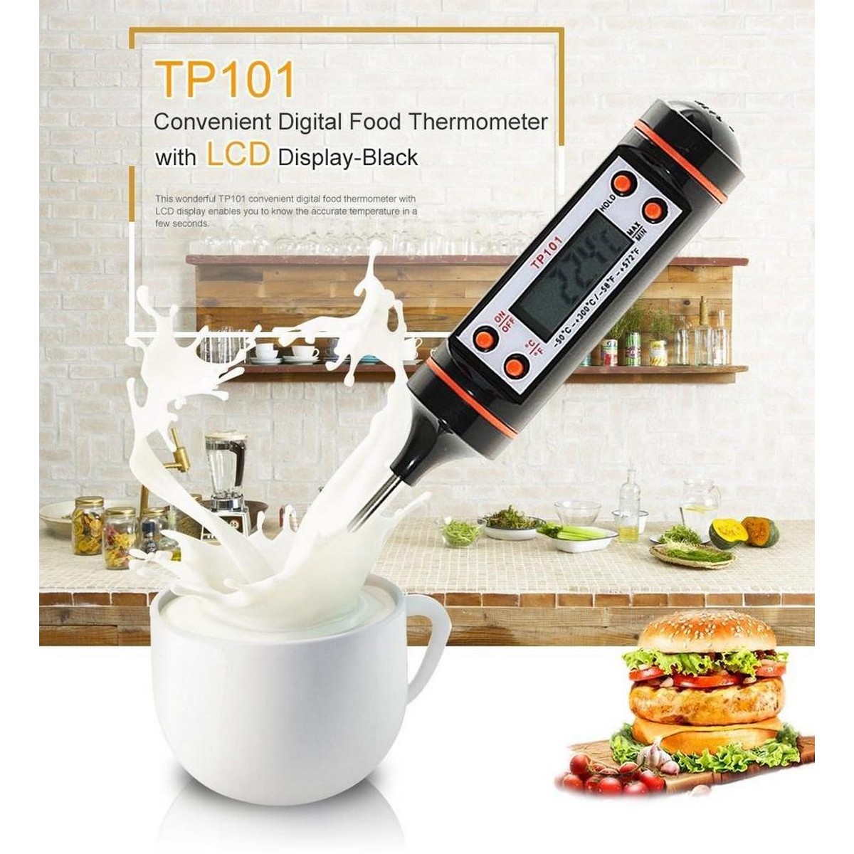 Digital Kitchen Heat Gauge Thermometer For Oven Baked Barbeque BBQ And Fried Food Temperature - Black