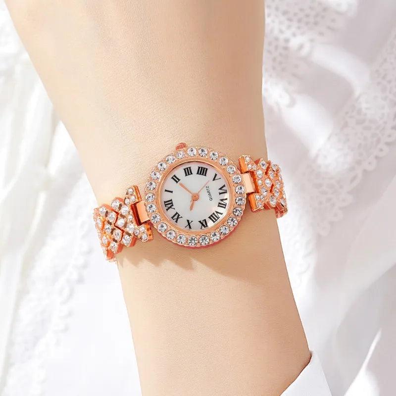 watch for girls, and Popular Fashion Roman Embossed Diamond Women Watch Jewelry Luxury Gift Accessories Box Set Fashion Ladies Watch Gift Set, for girls, women