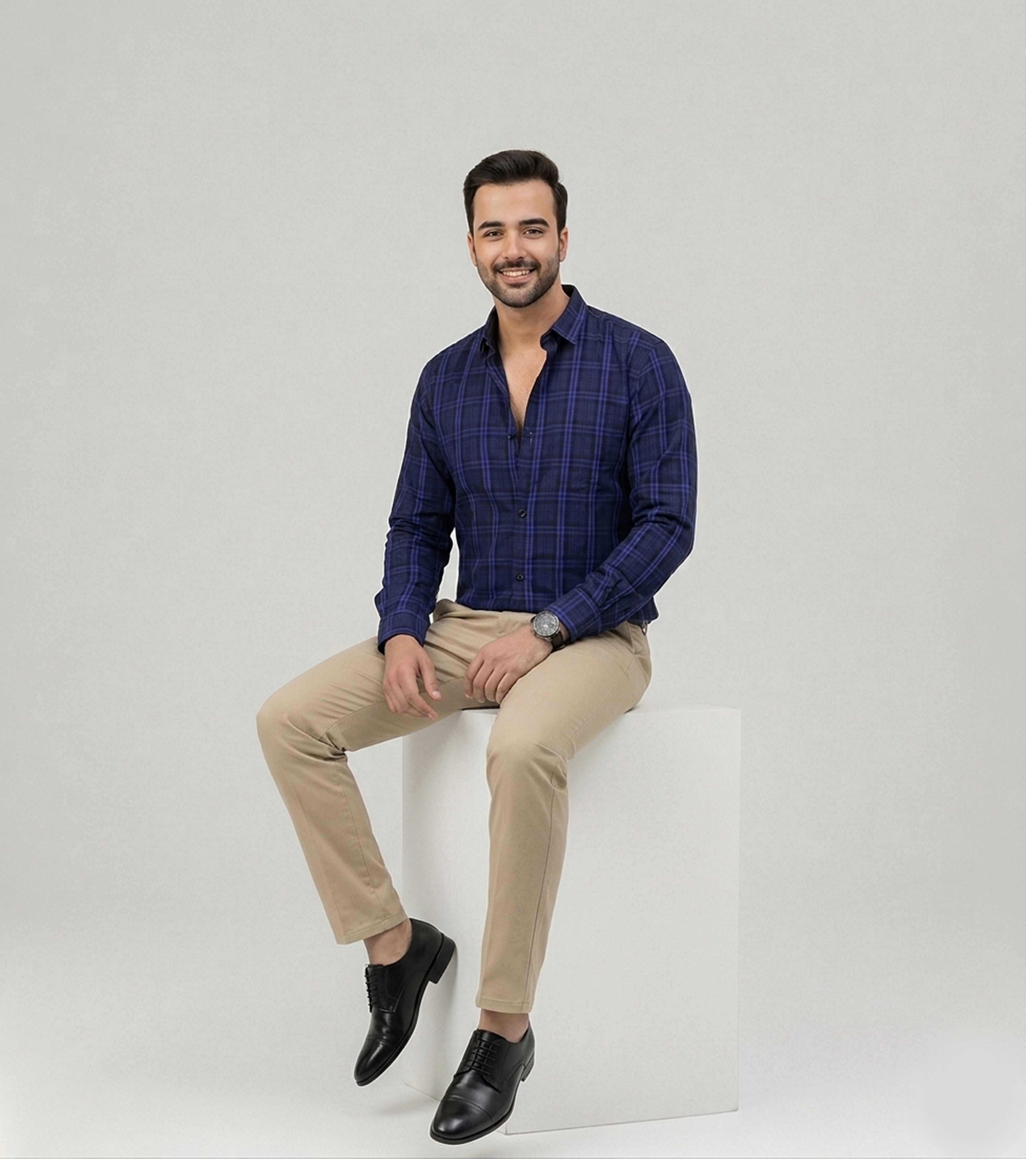 Auditors®️ Mens Semi-Formal Blue Check Cotton Shirt 100% Pure Cotton Fabric For Mens - For Office, For Events, For Casual