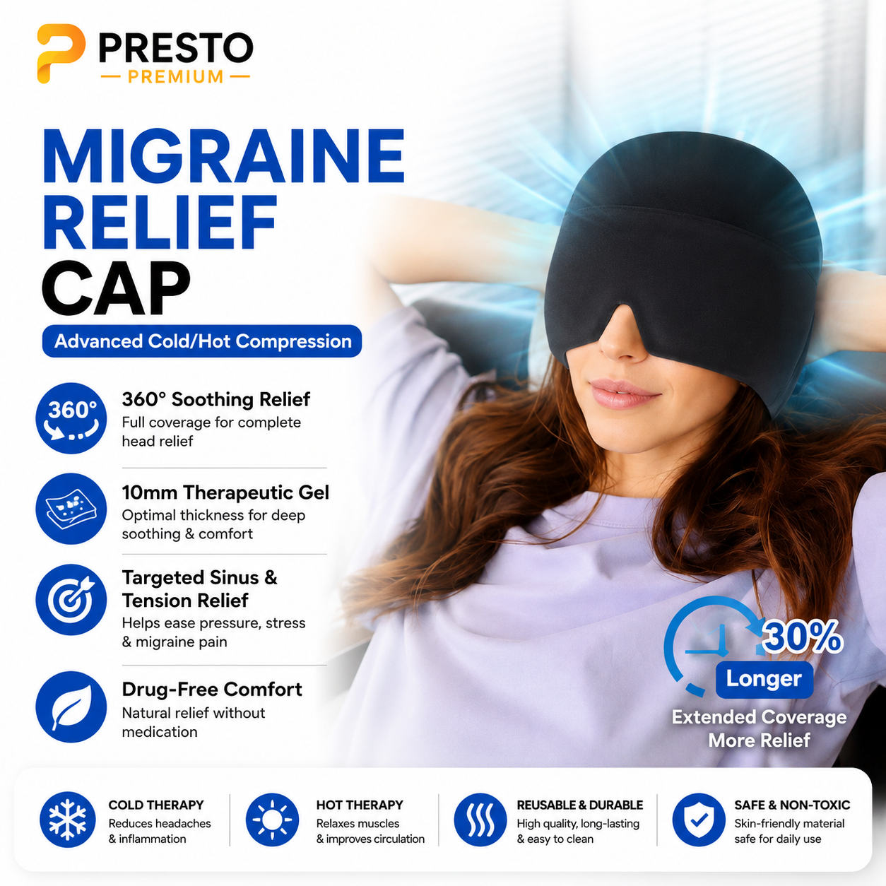 PRESTO Premium Migraine Relief Ice Cap – Reusable Hot & Cold Therapy Headache Relief Hat for Men & Women | Cooling Gel Head Wrap for Migraine, Stress, Sinus Pain & Relaxation