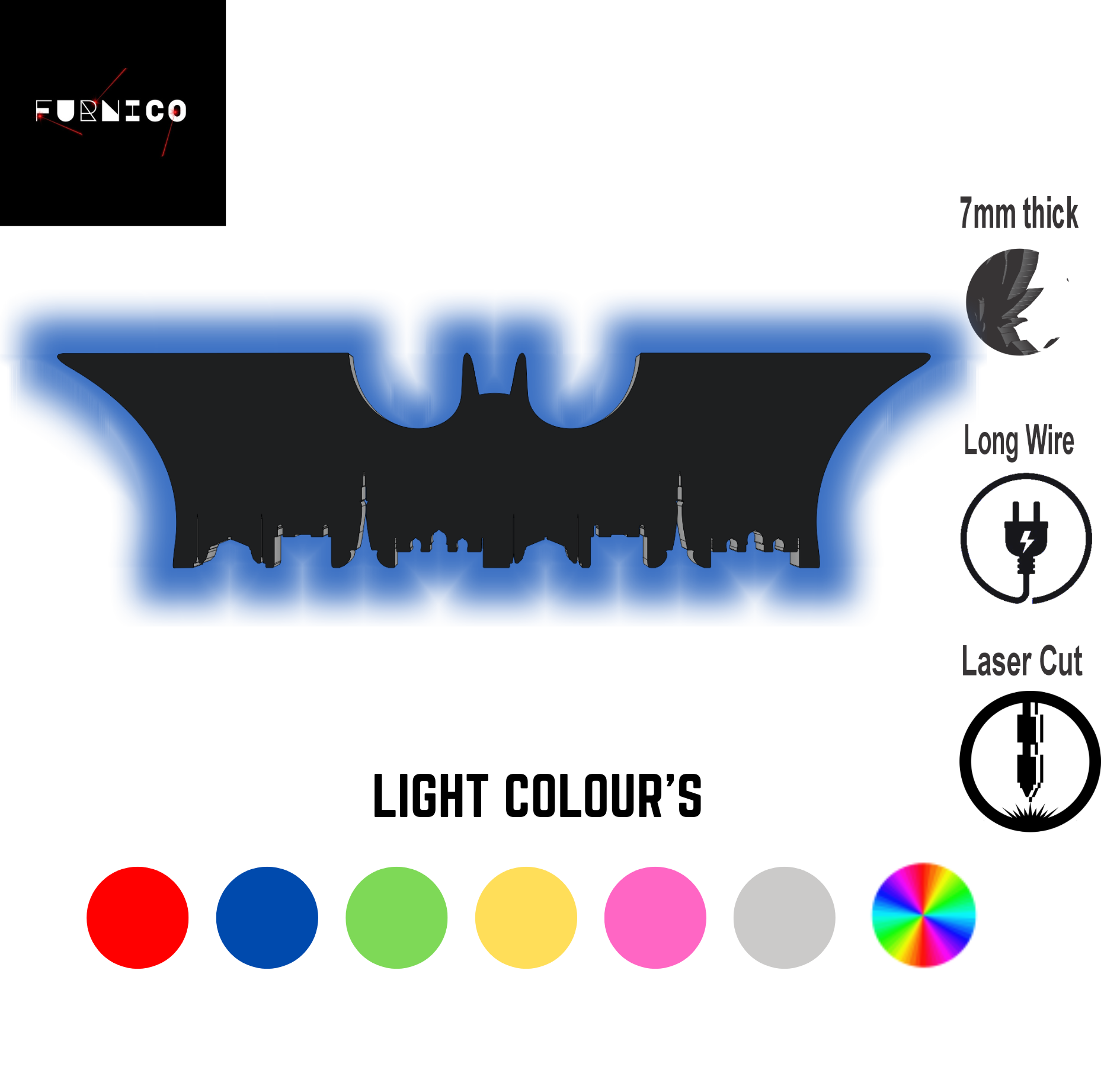 Batman-Inspired LED Wall Art Light with Multi-Color Option, 7mm Thick, Laser Cut, for Gaming and Home Decor