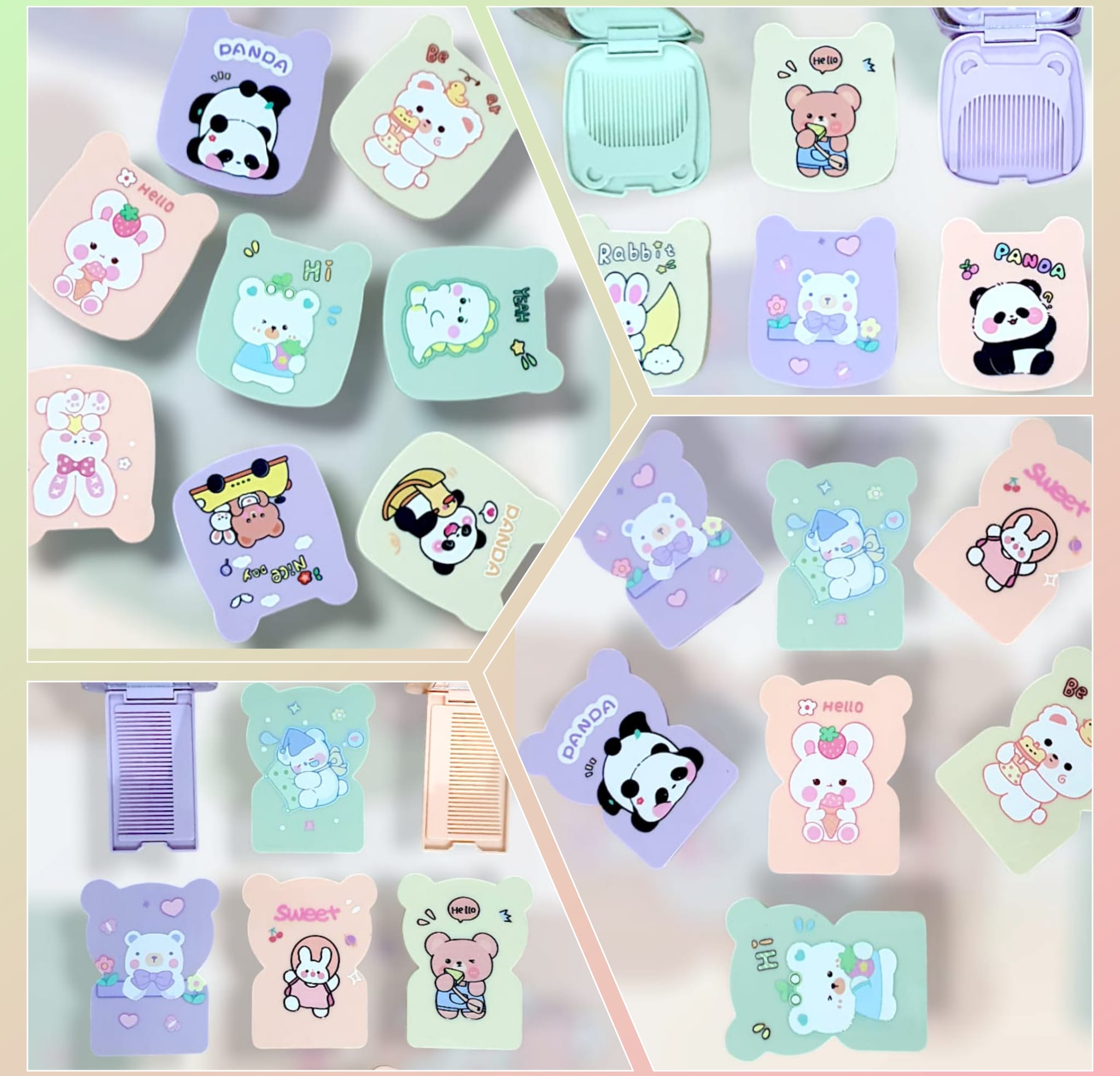 Imported Bear Shape Small Portable Pocket makeup mirror with pocket-sized comb printed with cute plastic cartoons for school girls office women - travel party small mirror hair comb - Perfect Birthday Gift