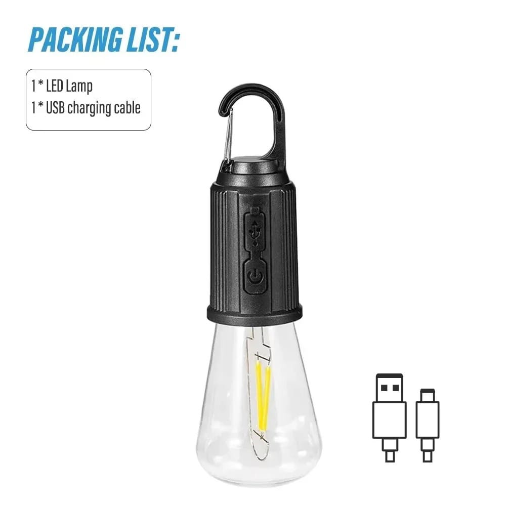 Portable LED Camping Lamp with Hook – USB Rechargeable Warm Light Emergency Bulb for Outdoor, Hiking & Home Backup