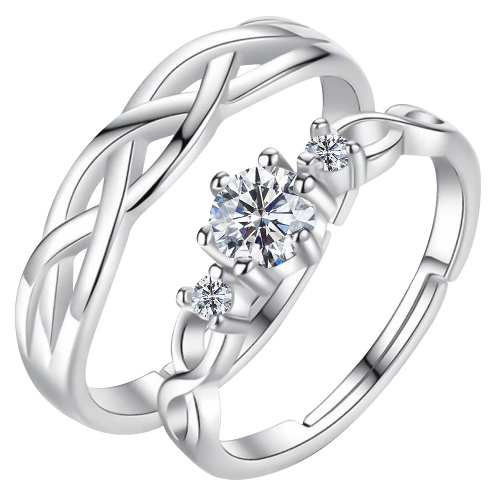 Jewelicious 925 Sterling Silver Couple Ring with Cubic Zirconia - Perfect Wedding, Engagement or Anniversary Gift for Men and Women - Adjustable Open Ring Design