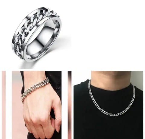 Pack of 3 Pure Silver Stainless Steel Thin Cuban Chain Challa and Bracelet For Men/Boys