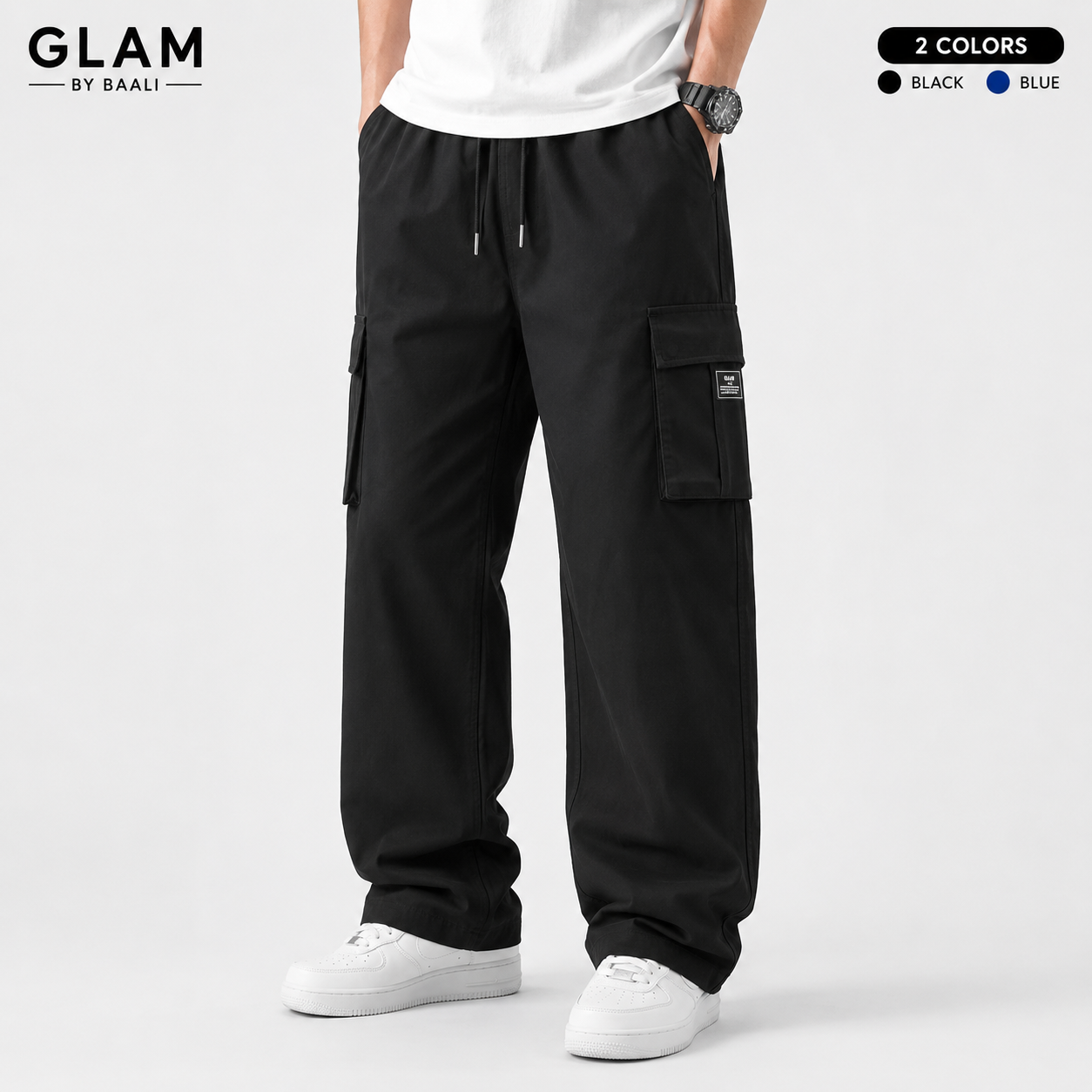 GLAM BY BAALI Men’s Black Cargo Wide Leg Trouser | Korean Style Baggy Pants | Loose Fit Casual Streetwear
