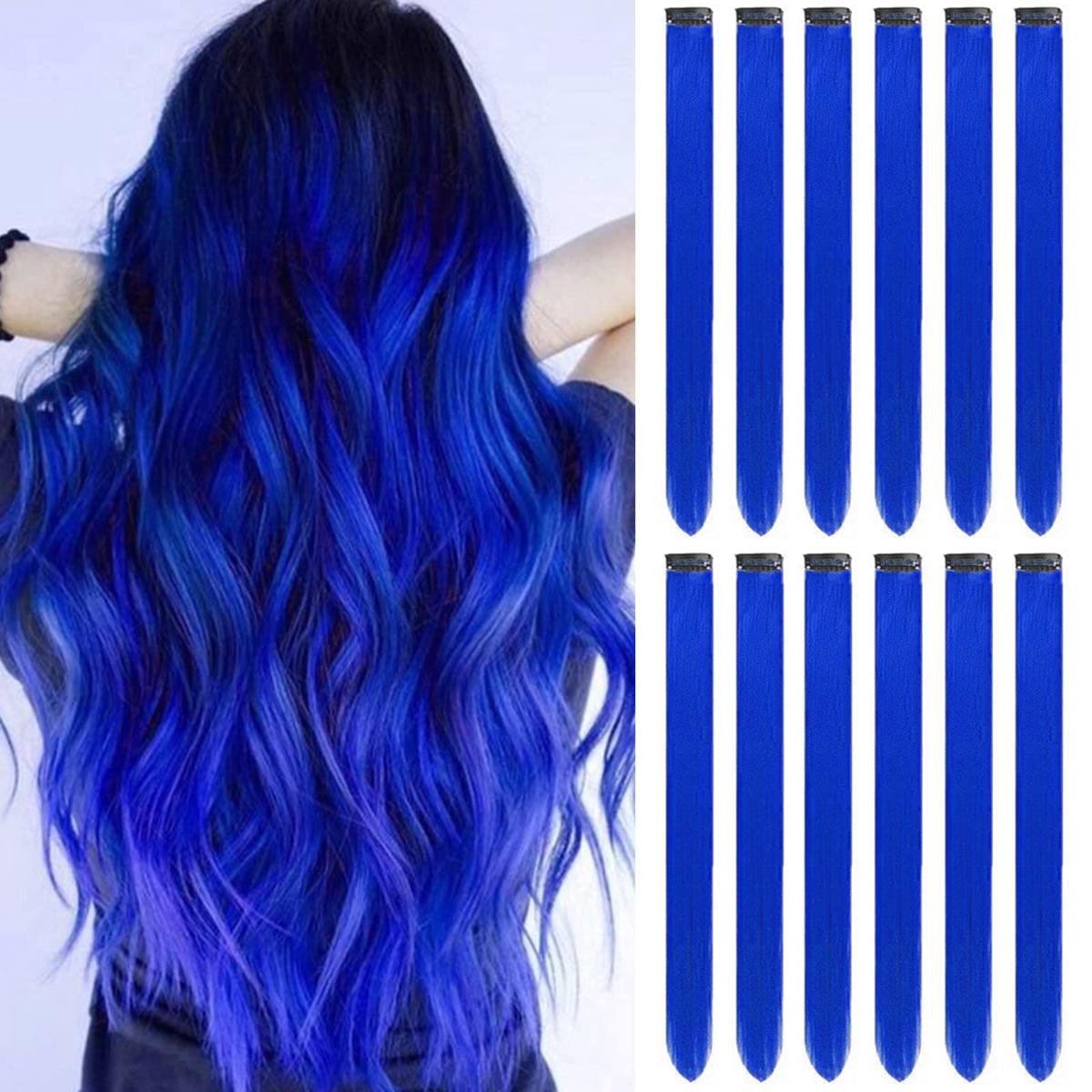 6 pieces blue single clip hair extension for girls