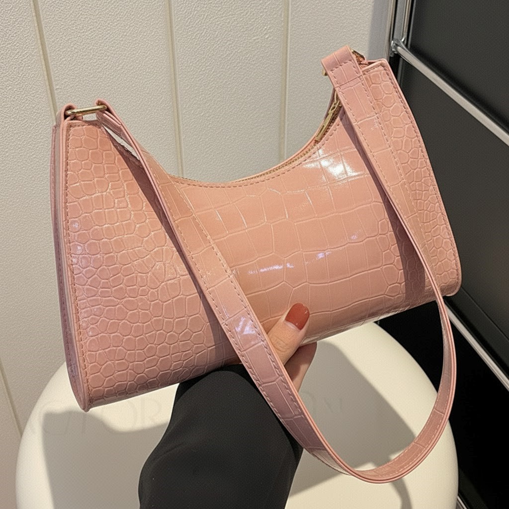 Premium Crocodile Pattern Shoulder Bag For Women - Fashion PU Leather Crocodile Texture Underarm Crescent Handbag - Elegant Girls Crocodile Print Small Shoulder Purse