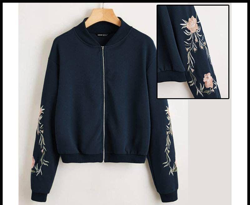 dark blue Embroidered Floral Detail Zip Up Bomber Jacket For Women
