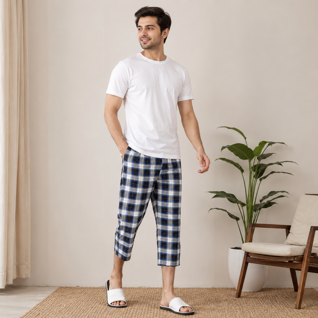 Faiz Garments | 1Pcs Men's Cotton Check 3 Quarter Shorts – Soft Comfortable Casual Daily Wear