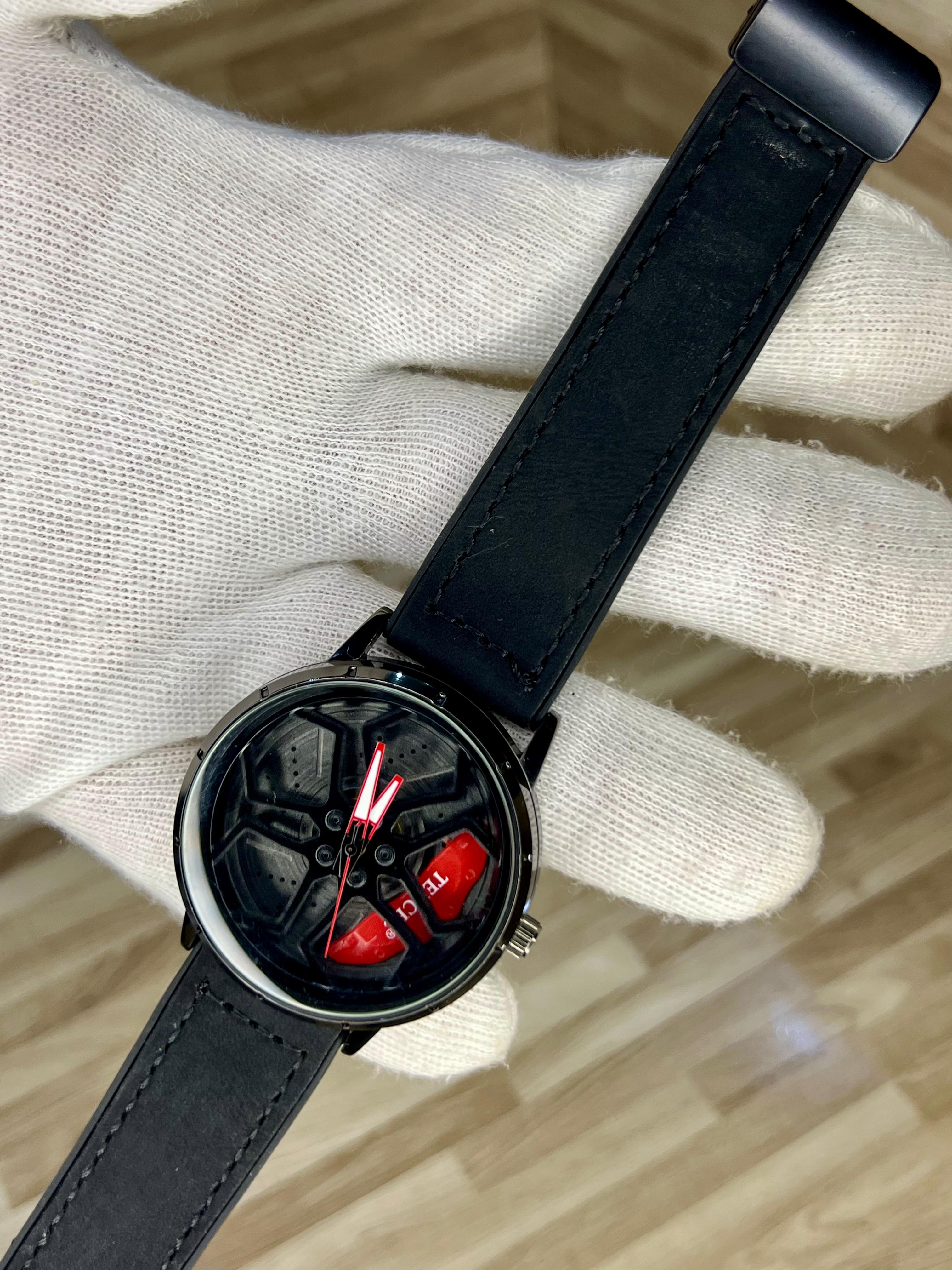 Black Racing Wheel Watch Stylish Sports Wheel Watch Men’s leather strap Watch Green Accent Dial Watch Butterfly Lock Watch Men Luxury Racing Design Watch Trendy Car Rim Watch Modern Analog Wrist Watch High Quality Metal Watch Unique Spinning Dial Watch