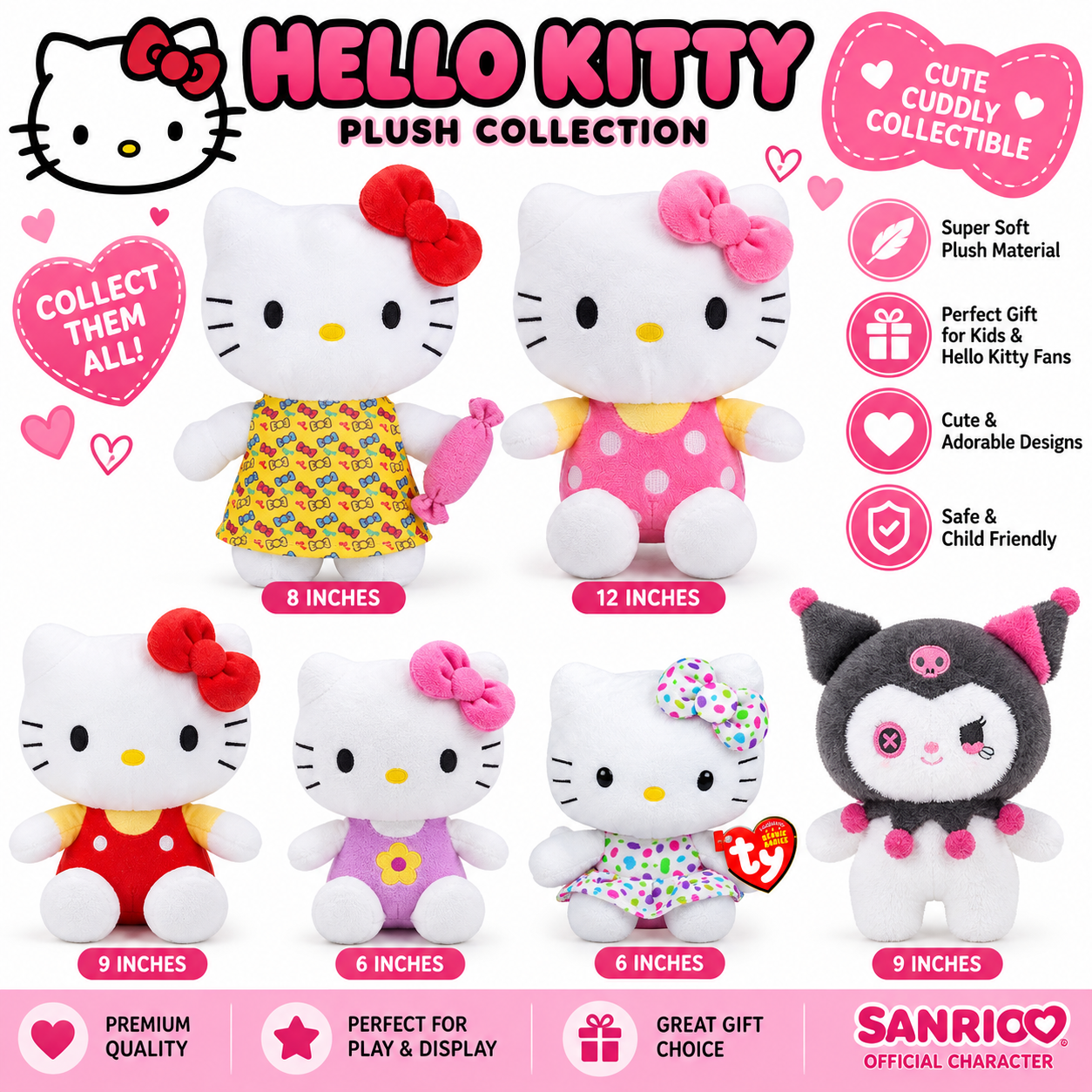 Hello Kitty Soft Plush Toy – Cute Cuddly Stuffed Character Doll for Kids, Girls & Collectors | Kawaii Collectible Gift