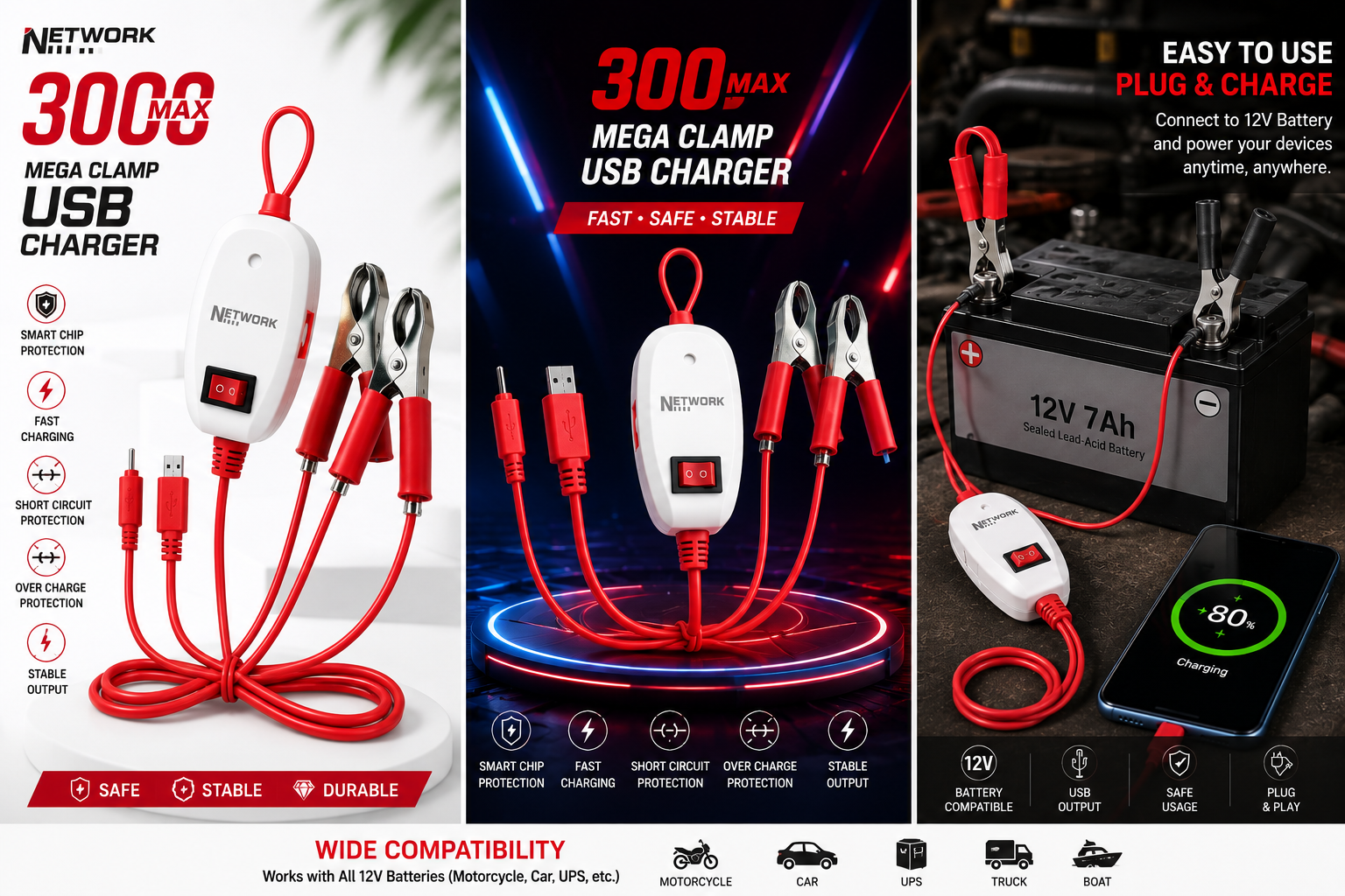 Multi Pin Battery Charging Cable 30A Max | USB Charger with Android & Small Pin Support for Batteries