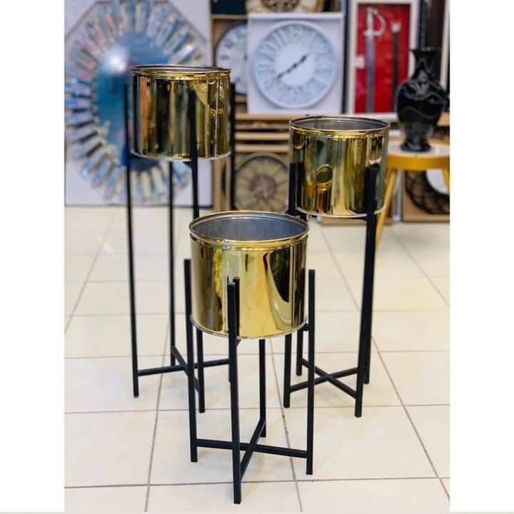 Golden Indoor Planters with Black Stand, Flower Pot, Without Plant 3