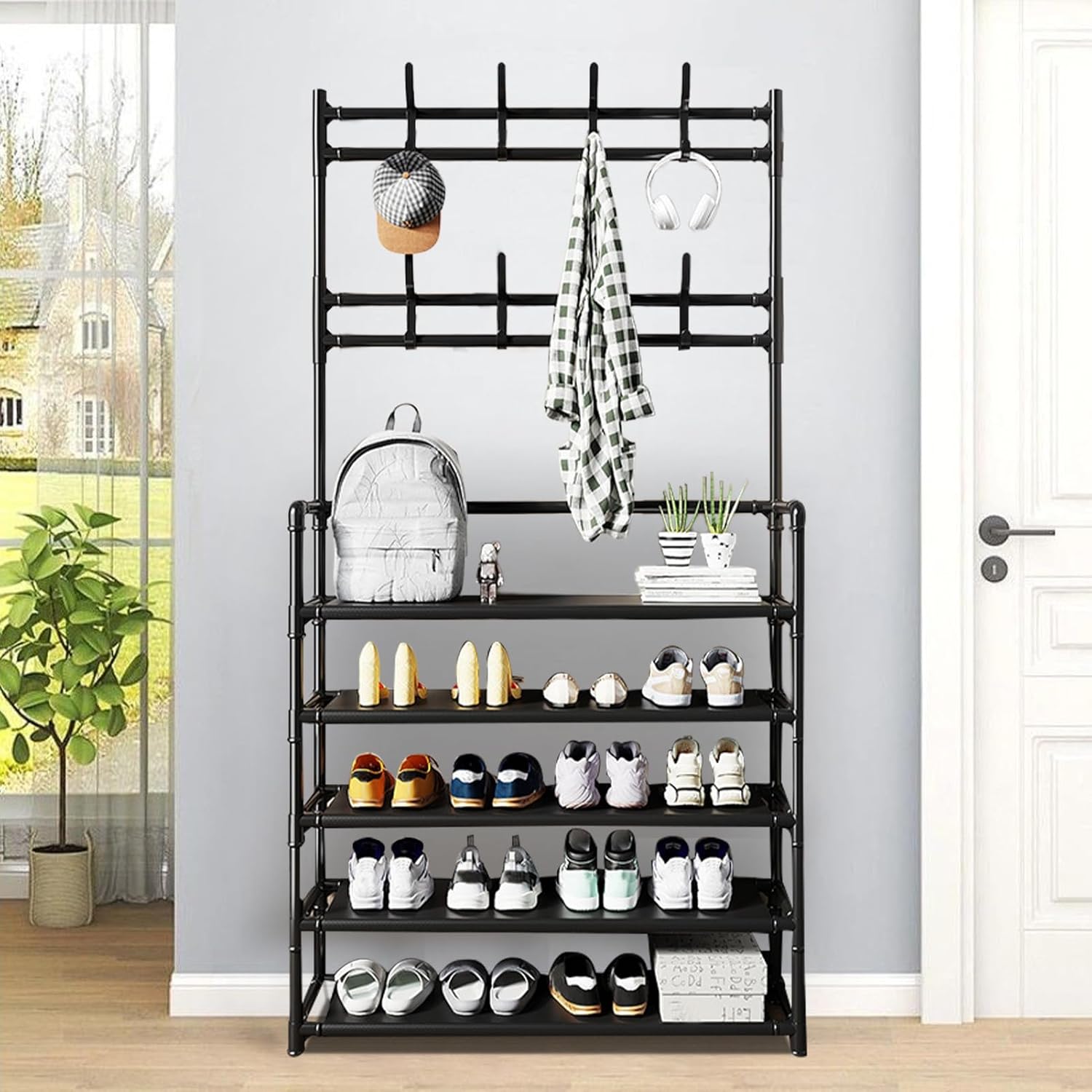 Coat Rack Shoe Rack Combo 5-Layer Shoe and Coat Rack, 5-Tier Shoe Rack with Coat Hanger, Coat ...