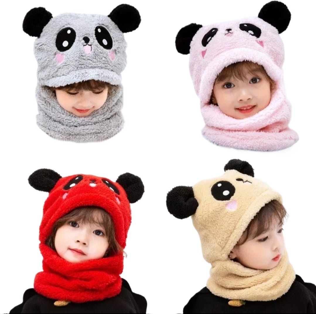 Beanie Cap Neck Warmer Beanie| Wool Caps For Kids Winter Thicken Warm Kids Hat Scarf All-in-one Fleece Boys Girls Cap Beanie Cute Cartoon Panda Toddler Children Hat Bonnet