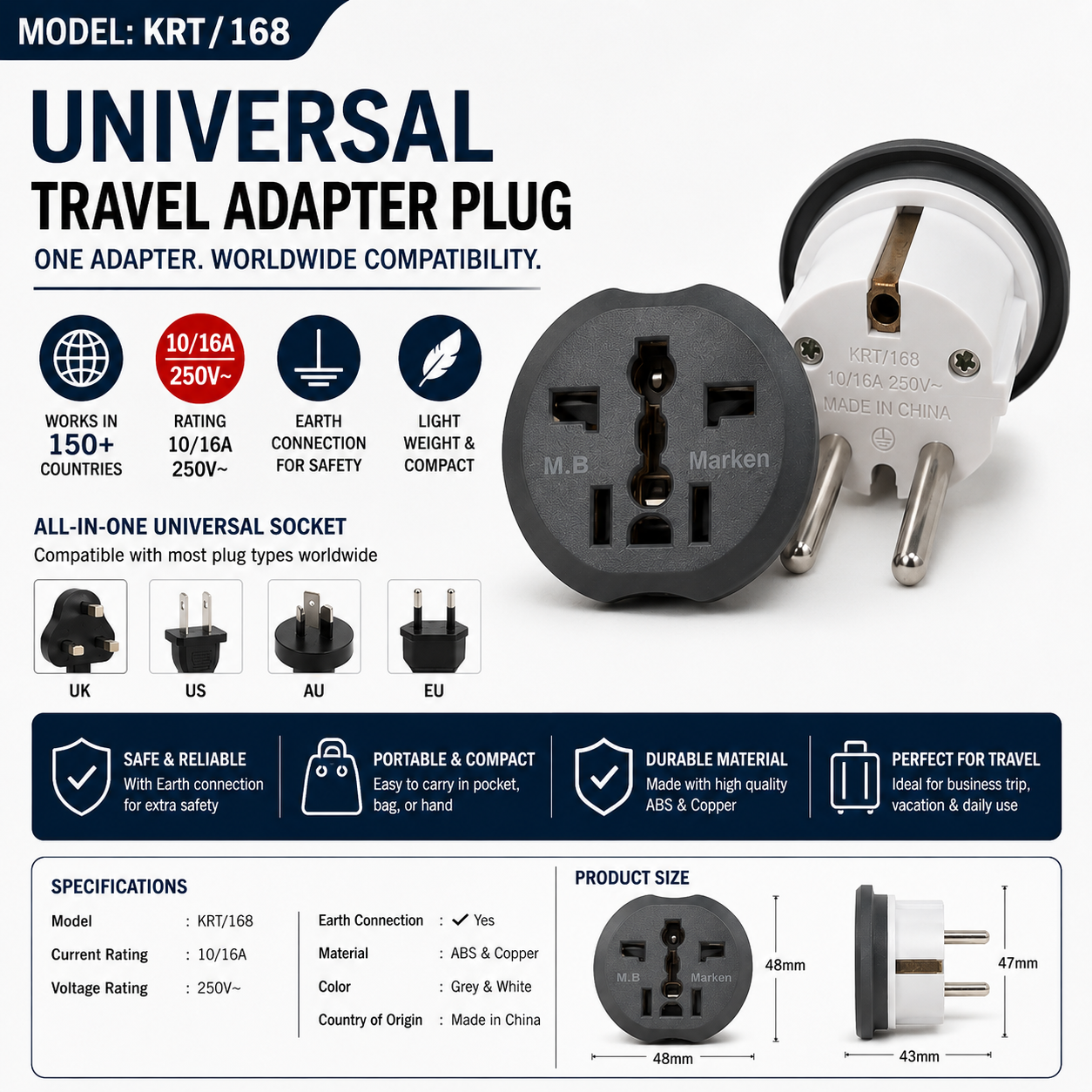 Universal Travel Adapter Plug KRT/168 | Universal Socket Adapter | 10/16A 250V EU 2 Pin Plug | Travel Plug Converter | UK US AU EU Compatible | Portable Adapter