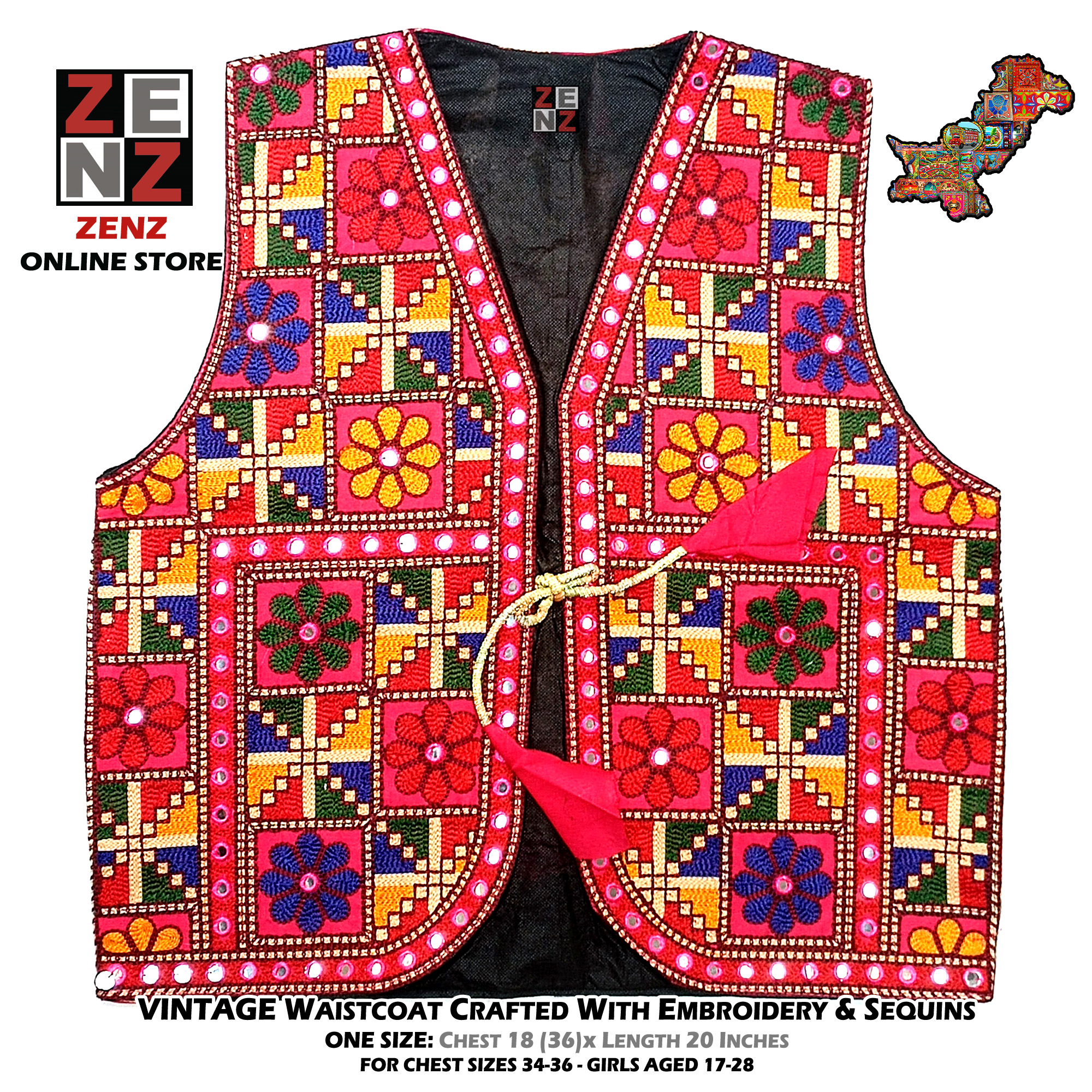 Pakistani Sindhi Balochi Kashmiri Traditional & Cultural Wear Waistcoat Koti Embroidered Zenz Multicoloured Embroidery for Girls & Women