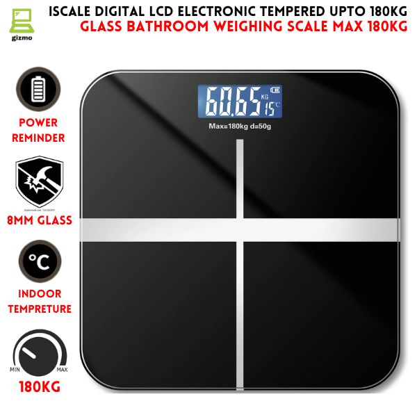 Upto 180kg iScale Rechargeable Weight Machine - 8mm Tempered Glass - Digital Heavy Duty Electronic Weighing Scale with Dual LED Display - Heavy Electric Weight Machine With Durable Steel Quality - For Home & Personal Use - Black//Blue/Silver