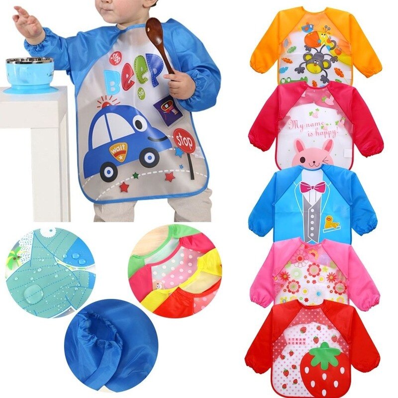 New Waterproof Feeding Baby Bibs Bandana Cute Full Sleeved plastic Bibs for Baby Girl Saliva Boy Burp Cloths Baby Self Feeding Cartoon Long Sleeves Printed Kids Eating feeding Apron