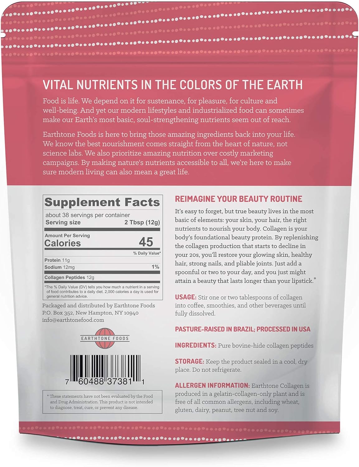EARTHTONE Collagen Peptides Powder | Paleo-Friendly Hydrolyzed Grass-Fed Non-GMO Protein, 16 oz 454gm