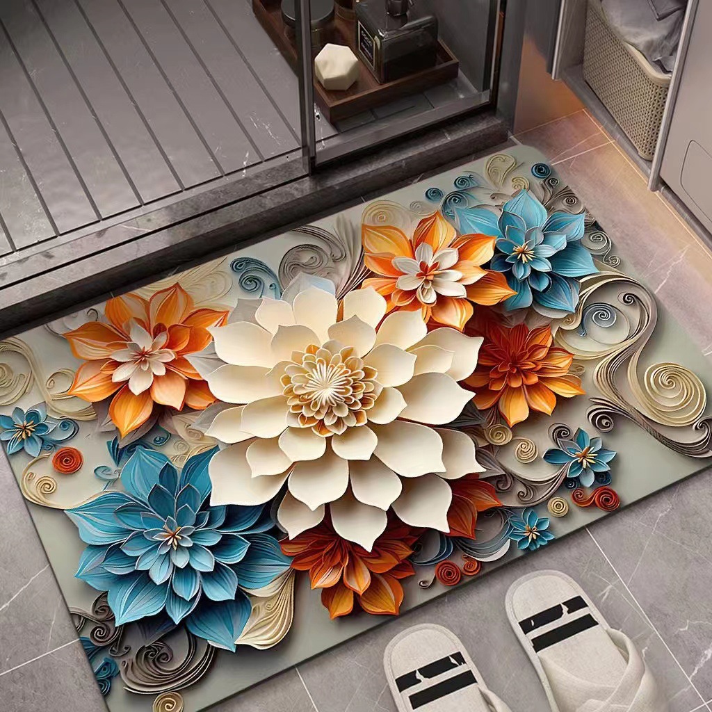Elegant 3D Floral/Checkered Polyester Bath Mat with Anti-Slip Design, Absorbent, Multiple Sizes