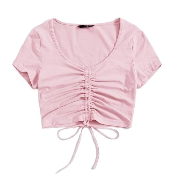 Women's Solid Drawstring Ruched Tee – Stylish and Trendy Cotton Blend (S-XL)