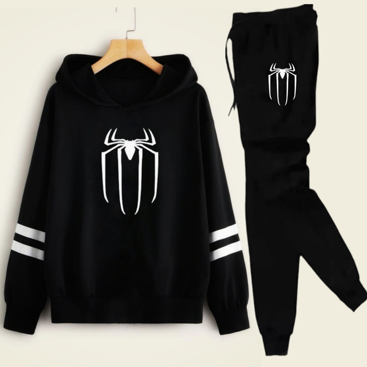Double Stripe Black Spider Printed Tracksuit For Men - Soft & Comfy Fleece Fabric Kangaroo Hooded Winter Hoodies For Men