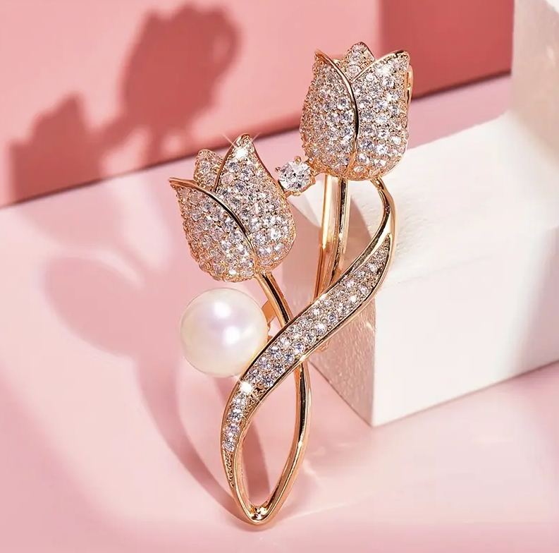 Tulip Flower Brooch Dual Flower Lapel Pin For Coats and Jackets Birthday Party Jewelry Accessories
